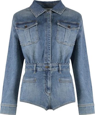 Self Portrait Rhinestone Denim Playsuit - Dames - Playsuits - Blauw - 2XS - Denim - Jumpsuits & Playsuits