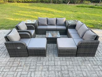 Fimous High Back Rattan Garden Furniture Set with Square Coffee Table 2 Big Footstool 2 Side Tables Indoor Outdoor Patio Lounge Sofa Set in Dark Grey