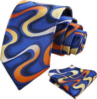 Alizeal Mens Ripple Patterned Necktie and Hanky Colorful Gradient Novelty Tie and Pocket Square Set, Royal Blue+Orange