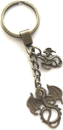 Generic KEYRING - Two Dragons - Antique Bronze Plated. Split Ring And Trigger Clasp. Two Dragon