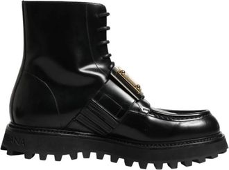 Dolce & Gabbana Lace-up Boots, male, Black, Size: 11 US Leather Plaque Lace Up Boots