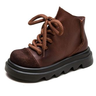 Generic QXDZSW 4.5cm Cow Suede Round Toe Pumps Flats Elthnic Retro Ankle Booties Comfy Shoes Rubber Women Platform Wedge Dark Brown