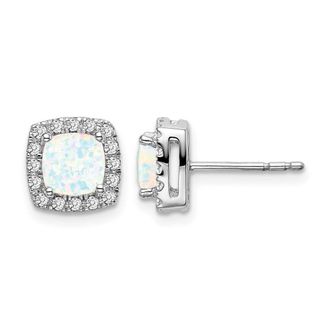 Diamond2Deal 14k White Gold Cushion Created Opal and Diamond Halo Stud Earrings