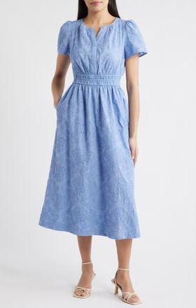 Anne Klein Embroidered Short Sleeve Cotton Midi Dress in Surf Blue at Nordstrom, Size X-Small