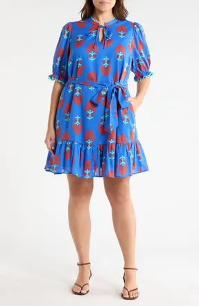 Sugarlips Lenira Floral Negin Split Neck Minidress in Blue-Red at Nordstrom, Size 2X