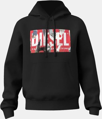 Diesel Mens Hooded Neck Long Sleeve Box Print Sweatshirt in Black - Size 2XL