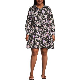 Lands End Poplin Button Front Dress with Godets in Forest Moss Tropic Floral at Nordstrom, Size 2X