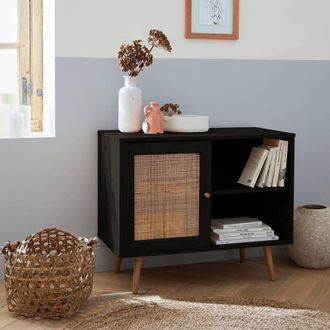 Sweeek 80cm Scandi-style Storage Cabinet With Wooden & Cane Rattan in Black