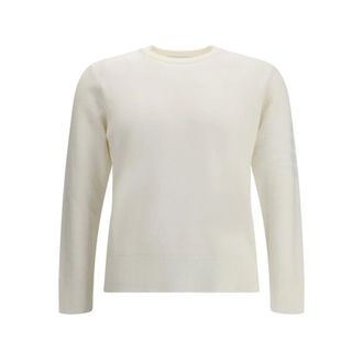 Thom Browne Round-neck Knitwear, male, Beige, Size: M Virgin Wool Sweater with Iconic Bands