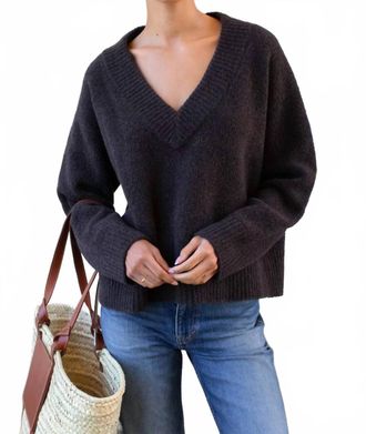 Emerson Fry Boxy Boucle V-Neck Sweater In Dark Cocoa