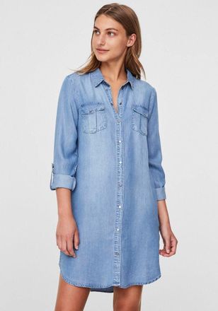 Vero Moda Jeanskleid VERO MODA VMSILLA, Damen, Gr. XL, N-Gr, blau (light blau denim), Web, Obermaterial: 100% Lyocell (TENCEL), gerade kurz, verstellbar 1-Knopf