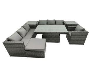 Fimous Rattan Dining Table Sofa Set with 2 Side Table Big Footstool 8 Seat in Dark Grey