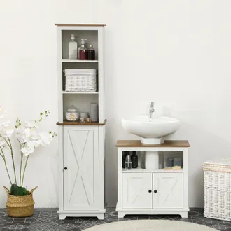 Kleankin 2 Piece Bathroom Furniture Set with Shelves, Ash Wood Effect in White