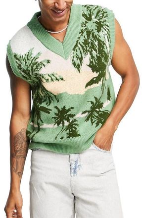 Topman Palm Tree V-Neck Sweater Vest in Green at Nordstrom, Size Medium