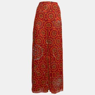 Gianfranco Ferre Vintage Red Printed Silk Embellished Maxi Skirt