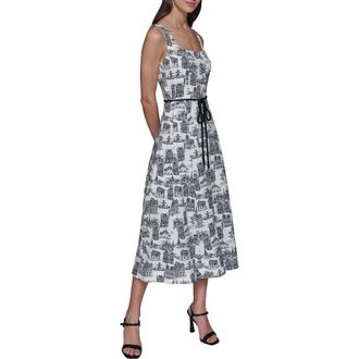 Karl Lagerfeld Landmark Print Sleeveless Dress in Soft White Black Combo at Nordstrom, Size 14