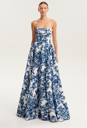 Milla Blue Floral Strapless Maxi Evening Gown with Corset Bodice at Nordstrom, Size 10