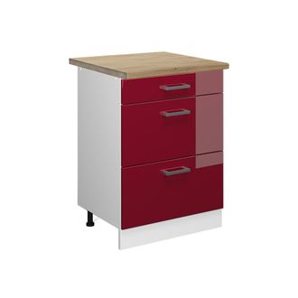 Vicco Mueble Bajo De Cocina R-line, Rojo Burdeos Alto Brillo, 60 Cm Con Cajones, Et Roble Vicco