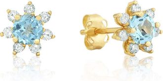 MAX + STONE 14k Yellow or White Gold Gemstone and 4mm Diamond Flower Halo Stud Earrings