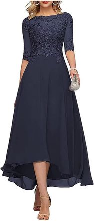 Generic Classy Mother of The Groom Dresses for Women with Lace Applique Chiffon Tea Length Mother of Bride Dress Navy Blue UK12