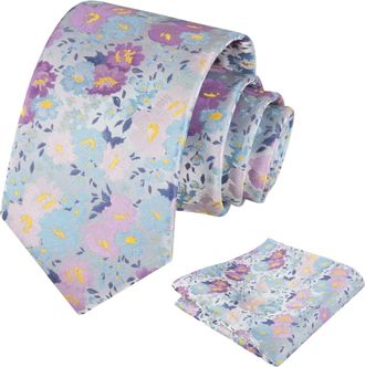 Alizeal Mens 8cm Floral Ties and Pocket square Ties Set for Wedding Fashion Flower Printed Necktie Set, Light Blue+Lilac