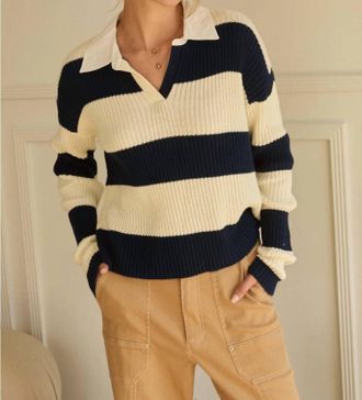Skies Are Blue Clothing Collared Stripe Sweater In Navy Cream