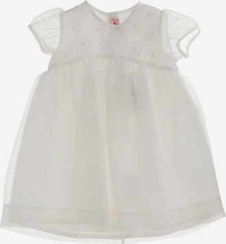 Il Gufo Girls Dress Organza Embossed Flowers White Silk; Lining: Cotton