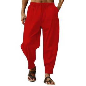 Generic Mens Casual Linen Pants Elastic Waist Drawstring Baggy Yoga Trousers Lightweight Baggy Pajama Bottoms Cotton Lounge Pants Striped Striped Trousers Red