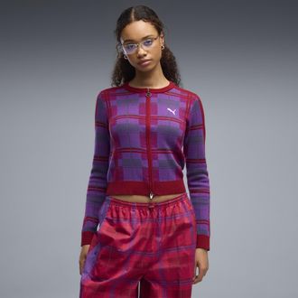Puma Cardigan da donna in maglia sottile T7 Tartan, Abbigliamento, Rosso, XL