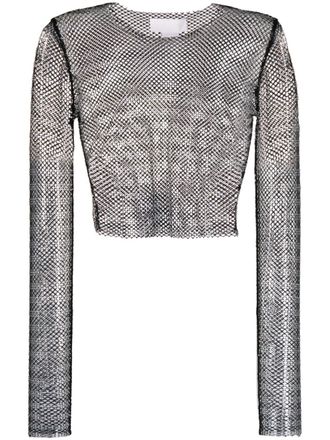 Genny rhinestone-embellished mesh top - Black