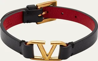 Valentino Garavani Antiqued Brass Logo Leather Bracelet