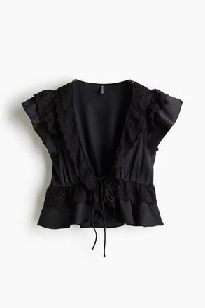 H&M Flounce-trimmed Satin Blouse in Black at Nordstrom, Size X-Small