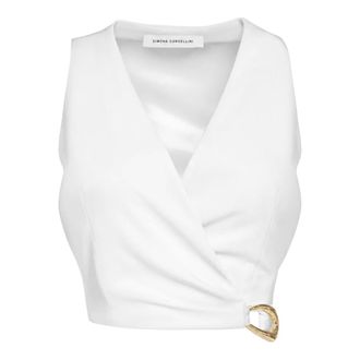 Simona Corsellini Sleeveless Tops, female, White, Size: XS Top cropped incrociato con fibbia oro