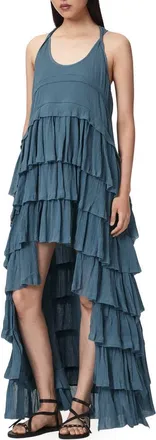 AllSaints Cavarly High Low Ruffled Cotton Crepe Dress in Captain Blue at Nordstrom, Size 6