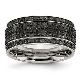 Diamond2Deal Stainless Steel Polished 1/2 Ct Black Diamond 10mm Ridged Edge Band Ring