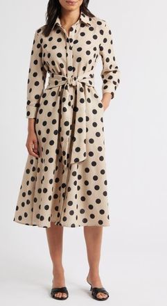Julia Jordan Long Sleeve Button-Up Midi Dress in Tan/Black at Nordstrom, Size 10