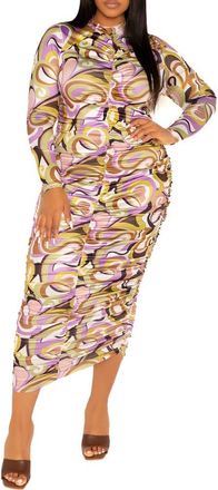 Buxom Couture Print Ruched Long Sleeve Midi Body-Con Dress in Pink Multi at Nordstrom, Size 3 X