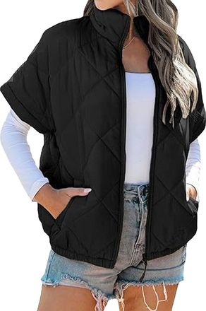 Generic Black Lightweight Puffer Vest Women Quilted Short Sleeve Jacket Zip Up Stand Collar Warm Winter Outerwear Coat Black Medium