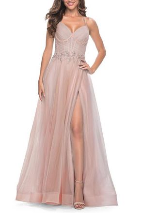 La Femme A-Line Prom Gown with Ruched Bodice and Rhinestone Belt Detail in Mauve at Nordstrom, Size 16
