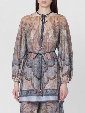 Zimmermann long sleeve belted paisley dress sheer tie