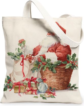 Generic Holiday Canvas Tote Bags, Vintage Santa Claus Design Reusable Grocery Bags, Festive Seasonal Lightweight Washable Shoulder, Cream, 13x15 Inch