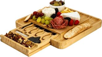 MegaChef Wood Charcuterie Cheese Board with Slide Out Drawer with Cheese Utensils, Bottle Opener, and 3 Piece Mini Chalkboard Set in Bamboo at