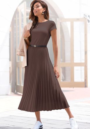 Lascana Midikleid LASCANA, Damen, Gr. 34, N-Gr, braun, Obermaterial: 100% Polyester. Obermaterial 2: 100% Polyester, unifarben, figurumspielend Midi, Rundhals