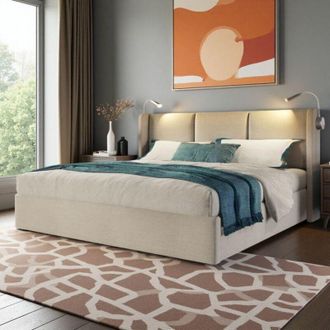 OEM Cama Doble 160x200 Cm - Tejido Lino/pu - Cama Cofre Hidr&aacute;ulica - L&aacute;mpara Integrada - Carga Usb