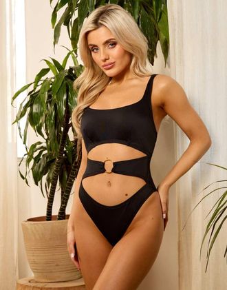 Wolf & Whistle x Isabella Whittingham - Costume da bagno nero con cut-out e anello sul davanti