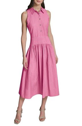 Karl Lagerfeld Stripe Sleeveless Cotton Blend Midi Shirtdress in Fuchsia Soft White at Nordstrom, Size 16