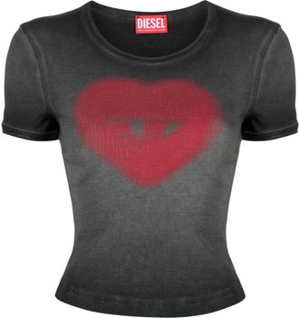 Diesel logo heart-print faded T-shirt - women - Cotton - M - Black