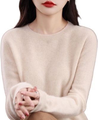 Generic 100% Cashmere Sweaters for Women, Cashmere Jumpers Ladies Long Sleeve Crew Neck Soft Warm Pullover, Womens Slim Fit Sweater (Apricot,S)