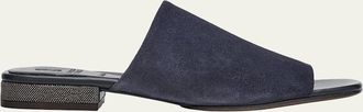 Brunello Cucinelli Suede Slide Sandals with Monili Heel