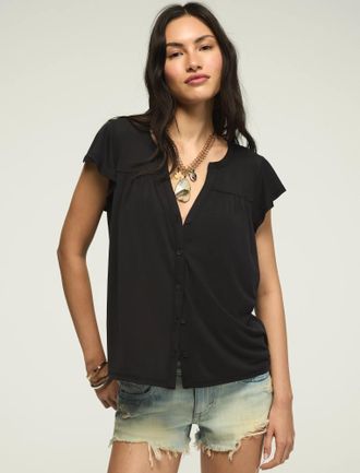 Lucky Brand Womens Sandwash Button Up Notch Top